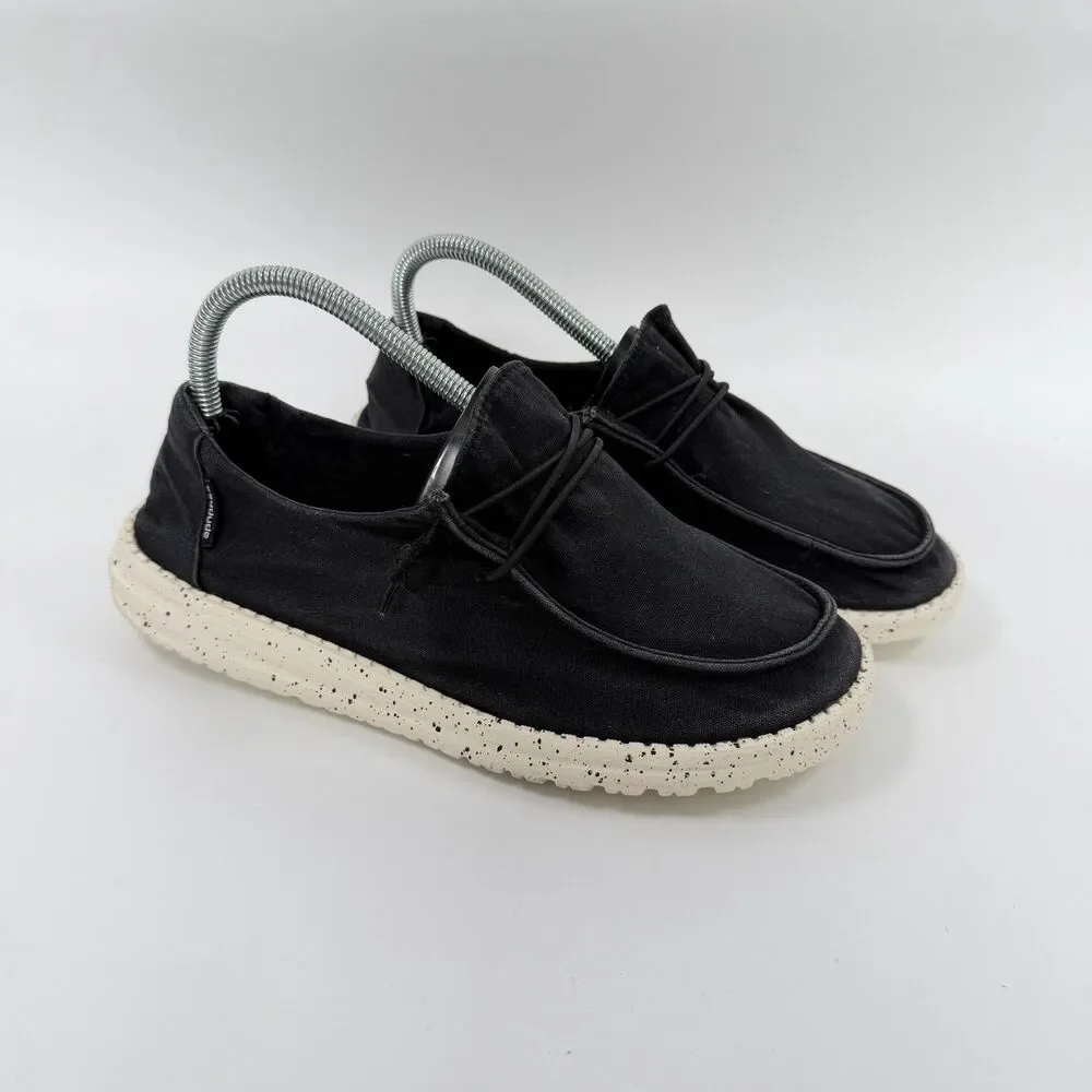 Hey Dude Wendy L Black Canvas Speckled Sole Slip On Loafers Shoes Size 8